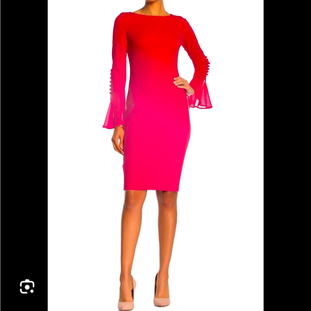 NWT Calvin Klein red dress with sheer cuffs and gold exposed zipper size 4
